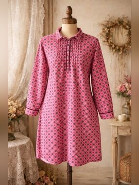 KayAnna Pink Flannel Nightgown Tunic | Floral Print | Velvet Trim | Size L/G